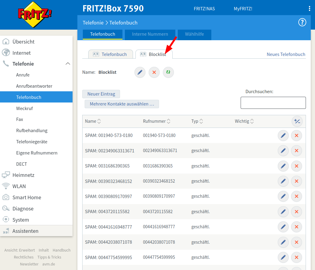 Abgerufene Blocklist anzeigen